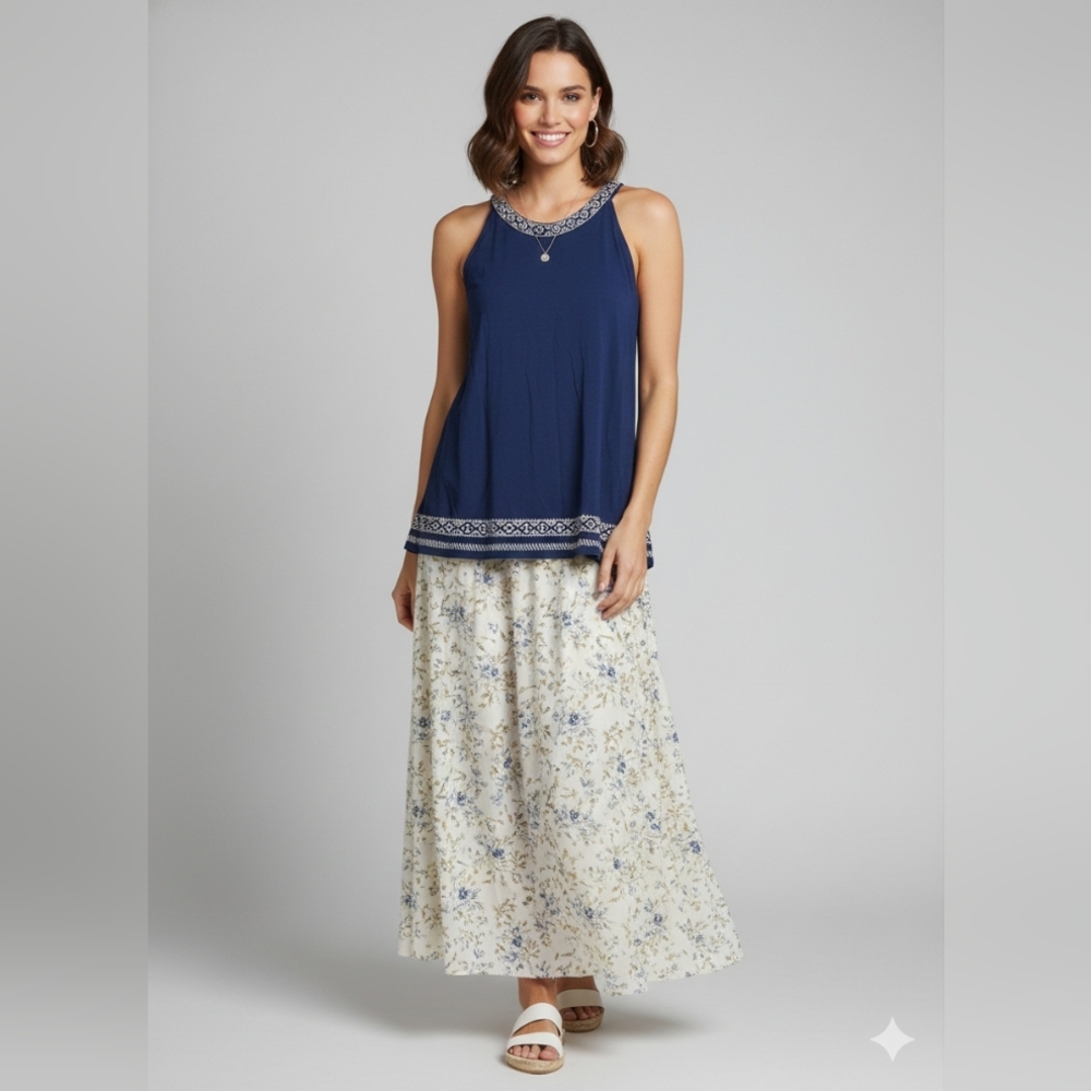Adrianna Papell Blue Tank Top with Decorative Trim New Large Embroidered Hem‎